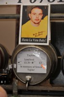 A photograph of Simon Taylor with the caption 'Hasta La Vista Baby!' sits atop a cask of Timothy Taylor's Landlord; one of Simon's favourite brews.