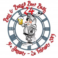 The logo for the 2013 festival - a clock face with roman numeral numbers (24 hours) within which the Bent and Bongs knight is raising a foaming pint of ale