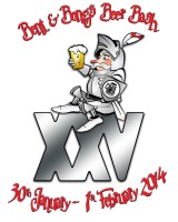 The 2014 beer festival logo - the beer festival knight sits atop a roman XXV with a pint in hand.