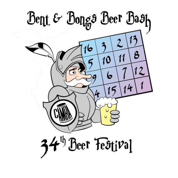 The 2025 beer festival logo shows a stylised cartoon knight holding a pint of beer in front of a magic square where each row and column adds up to 34.